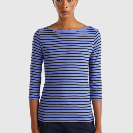 Kadın Mavi %100 Pamuk Sol Altı Logolu Uzun Kollu Kayık Yaka T-Shirt