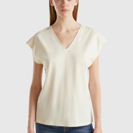 Kadın Krem %100 Pamuk Önü ve Arkası V Yaka Düz Kesim Kolsuz Sweatshirt