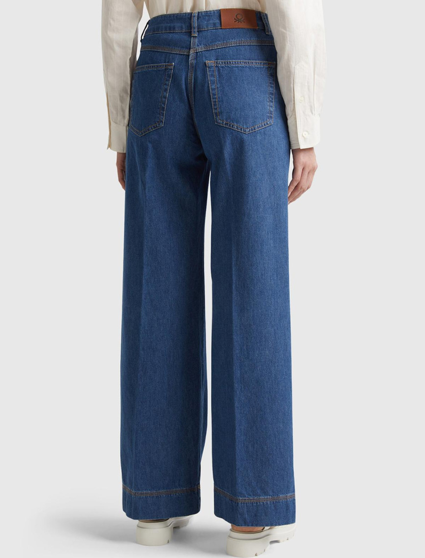 Kadın İndigo Bol Paça Denim Chino Pantolon Kadın İndigo Bol Paça Denim Chino Pantolon