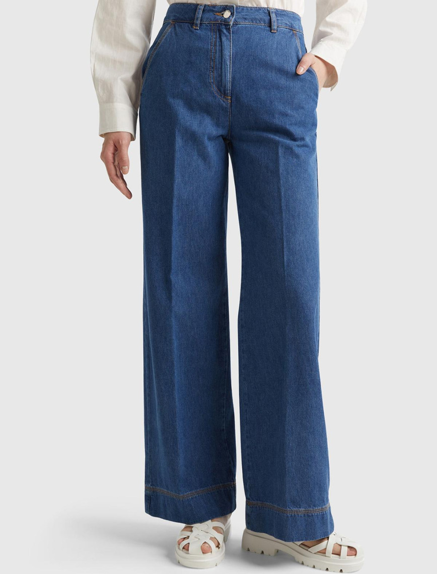 Kadın İndigo Bol Paça Denim Chino Pantolon Kadın İndigo Bol Paça Denim Chino Pantolon