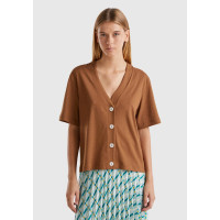 Kadın Kahverengi Pamuk ve Keten Karışımlı Yarım Kollu V Yaka Hırka