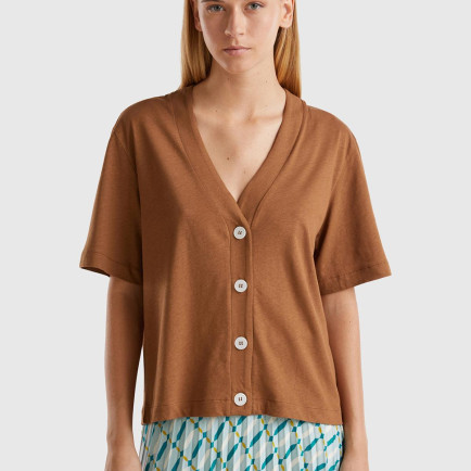 Kadın Kahverengi Pamuk ve Keten Karışımlı Yarım Kollu V Yaka Hırka