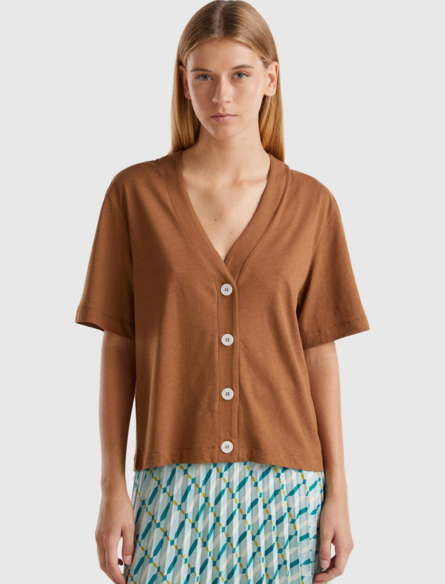 Kadın Kahverengi Pamuk ve Keten Karışımlı Yarım Kollu V Yaka Hırka