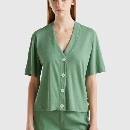 Kadın Mint Yeşili Pamuk ve Keten Karışımlı Yarım Kollu V Yaka Hırka