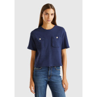 Kadın Lacivert Pamuk Karışımlı Önü Cep Detaylı Yuvarlak Yaka Kısa T-Shirt Kadın Lacivert Pamuk Karışımlı Önü Cep Detaylı Yuvarlak Yaka Kısa T-Shirt