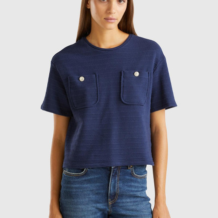 Kadın Lacivert Pamuk Karışımlı Önü Cep Detaylı Yuvarlak Yaka Kısa T-Shirt