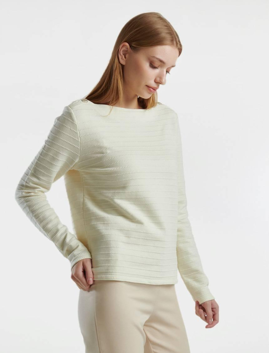 Kadın Krem Pamuk Karışımlı Omzu Düğme Detaylı Kayık Yaka Kısa Sweatshirt Kadın Krem Pamuk Karışımlı Omzu Düğme Detaylı Kayık Yaka Kısa Sweatshirt