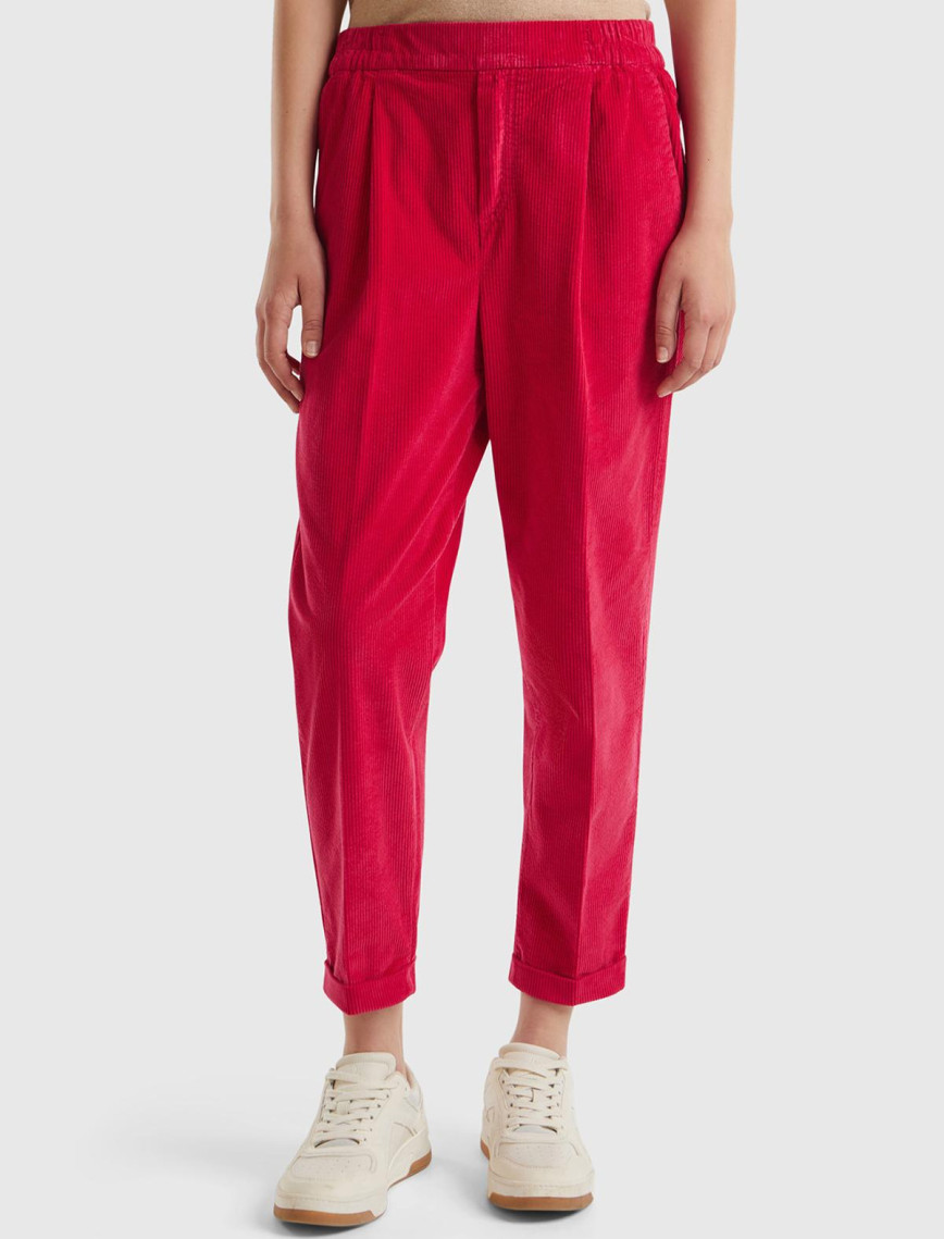 Kadın Kırmızı Beli Lastikli Kadife Pantolon