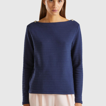 Kadın Lacivert Pamuk Karışımlı Omzu Düğme Detaylı Kayık Yaka Kısa Sweatshirt