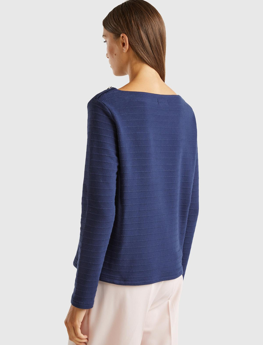 Kadın Lacivert Pamuk Karışımlı Omzu Düğme Detaylı Kayık Yaka Kısa Sweatshirt Kadın Lacivert Pamuk Karışımlı Omzu Düğme Detaylı Kayık Yaka Kısa Sweatshirt