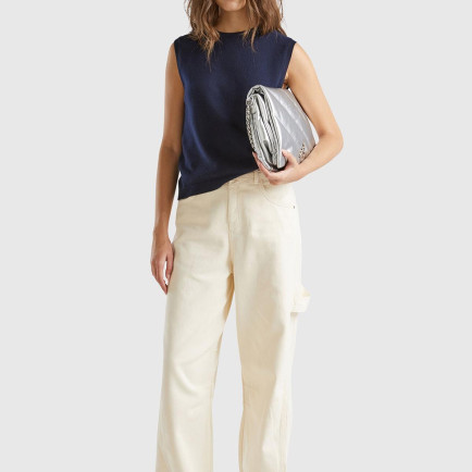 Kadın Beyaz %100 Pamuk Arkası Logo Etiketli Bol Kesim Pantolon