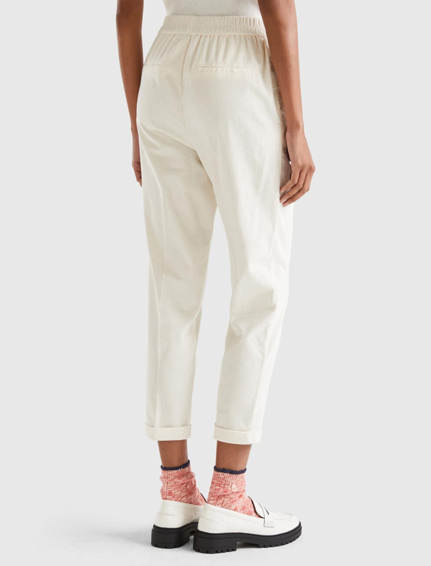 Kadın Krem Beli Lastikli Kadife Pantolon