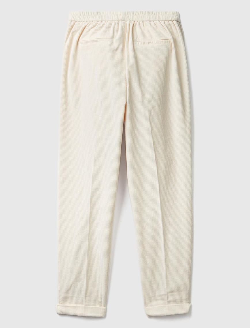 Kadın Krem Beli Lastikli Kadife Pantolon