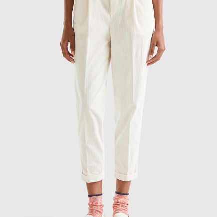 Kadın Krem Beli Lastikli Kadife Pantolon