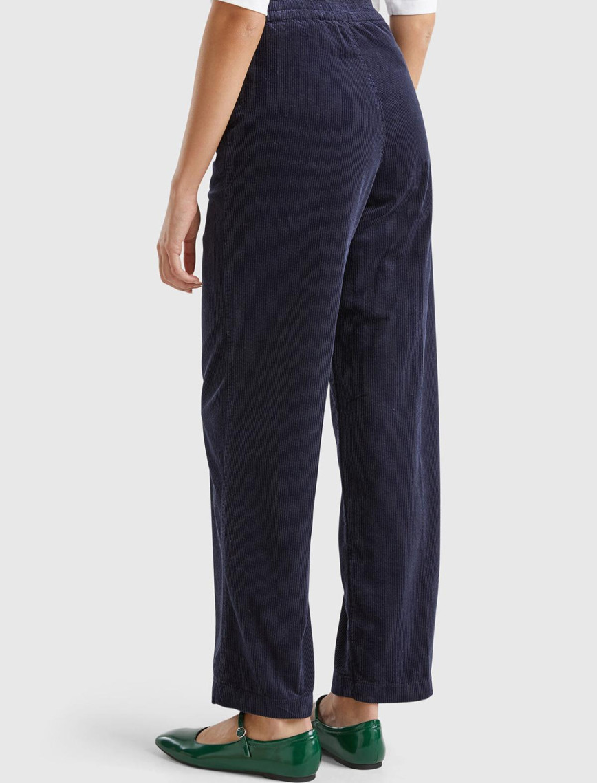 Kadın Lacivert Pamuk Karışımlı Arkası Lastikli Cepli Geniş Paça Kadife Pantolon Kadın Lacivert Pamuk Karışımlı Arkası Lastikli Cepli Geniş Paça Kadife Pantolon