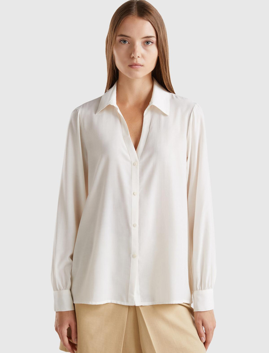 Kadın Toz Pembe Viskoz Karışımlı Uzun Kollu Derin V Yaka Gömlek