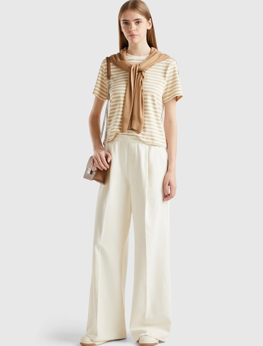 Kadın Krem %100 Pamuk Arkası Elastik Belli Bol Paça Pantolon Kadın Krem %100 Pamuk Arkası Elastik Belli Bol Paça Pantolon