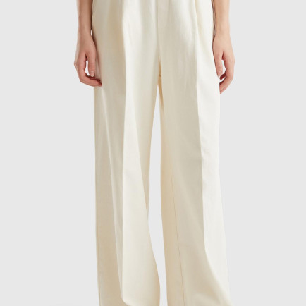 Kadın Krem %100 Pamuk Arkası Elastik Belli Bol Paça Pantolon