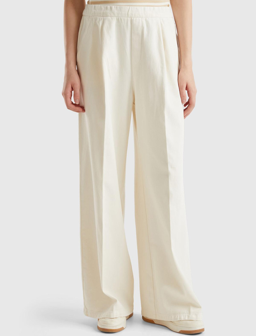 Kadın Krem %100 Pamuk Arkası Elastik Belli Bol Paça Pantolon Kadın Krem %100 Pamuk Arkası Elastik Belli Bol Paça Pantolon