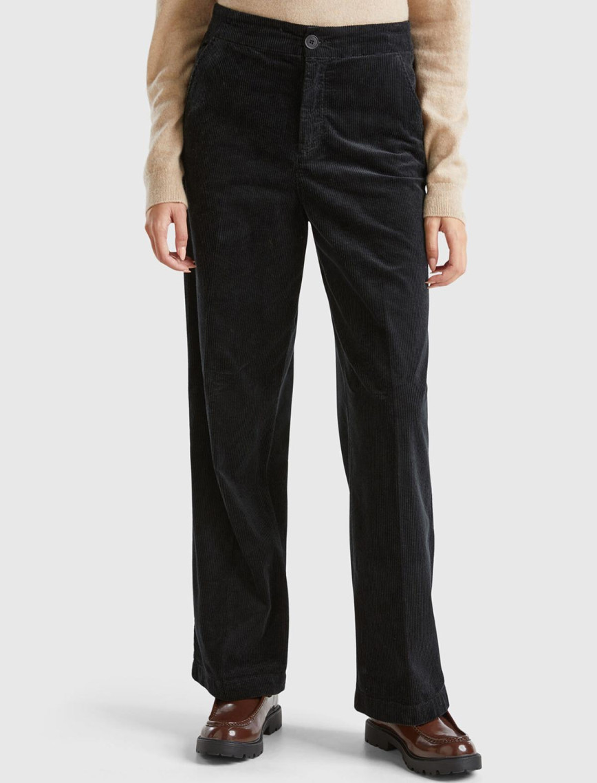 Kadın Siyah Pamuk Karışımlı Arkası Lastikli Cepli Geniş Paça Kadife Pantolon Kadın Siyah Pamuk Karışımlı Arkası Lastikli Cepli Geniş Paça Kadife Pantolon