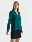 Kadın Koyu Yeşil Viskoz Karışımlı Uzun Kollu Derin V Yaka Gömlek