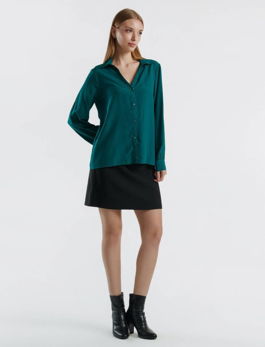 Kadın Toz Pembe Viskoz Karışımlı Uzun Kollu Derin V Yaka Gömlek