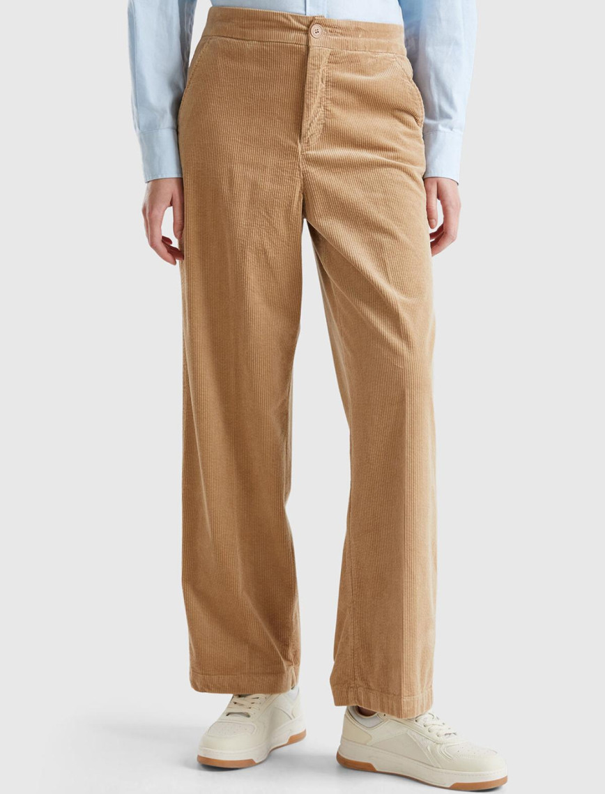 Kadın Kahverengi Pamuk Karışımlı Arkası Lastikli Cepli Geniş Paça Kadife Pantolon Kadın Kahverengi Pamuk Karışımlı Arkası Lastikli Cepli Geniş Paça Kadife Pantolon