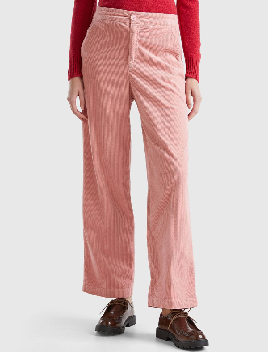 Kadın Pembe Pamuk Karışımlı Arkası Lastikli Cepli Geniş Paça Kadife Pantolon Kadın Pembe Pamuk Karışımlı Arkası Lastikli Cepli Geniş Paça Kadife Pantolon