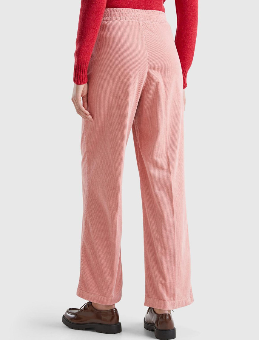 Kadın Pembe Pamuk Karışımlı Arkası Lastikli Cepli Geniş Paça Kadife Pantolon Kadın Pembe Pamuk Karışımlı Arkası Lastikli Cepli Geniş Paça Kadife Pantolon