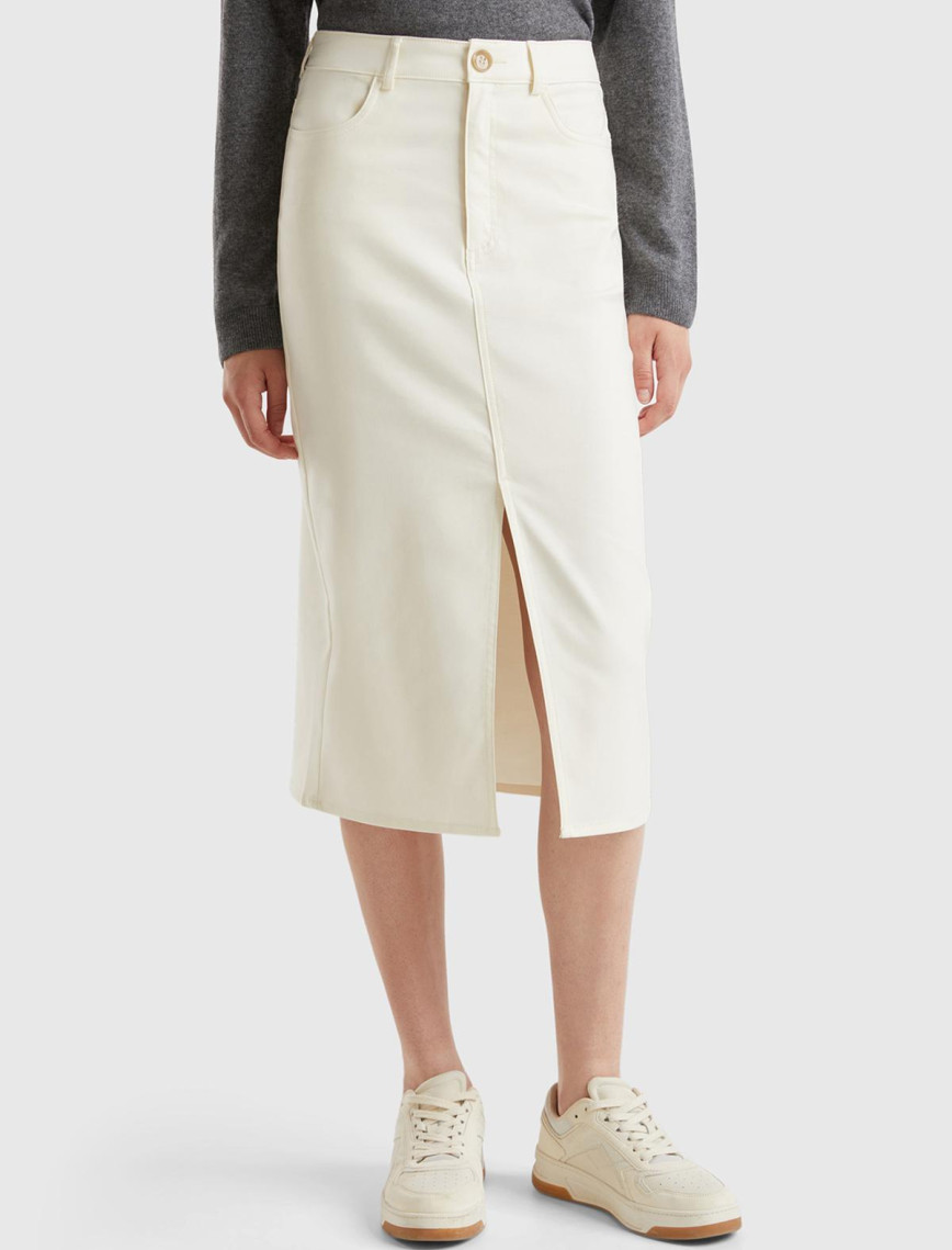 Kadın Krem Pamuk ve Viskoz Karışımlı Ortası Yırtmaçlı Midi Etek Kadın Krem Pamuk ve Viskoz Karışımlı Ortası Yırtmaçlı Midi Etek