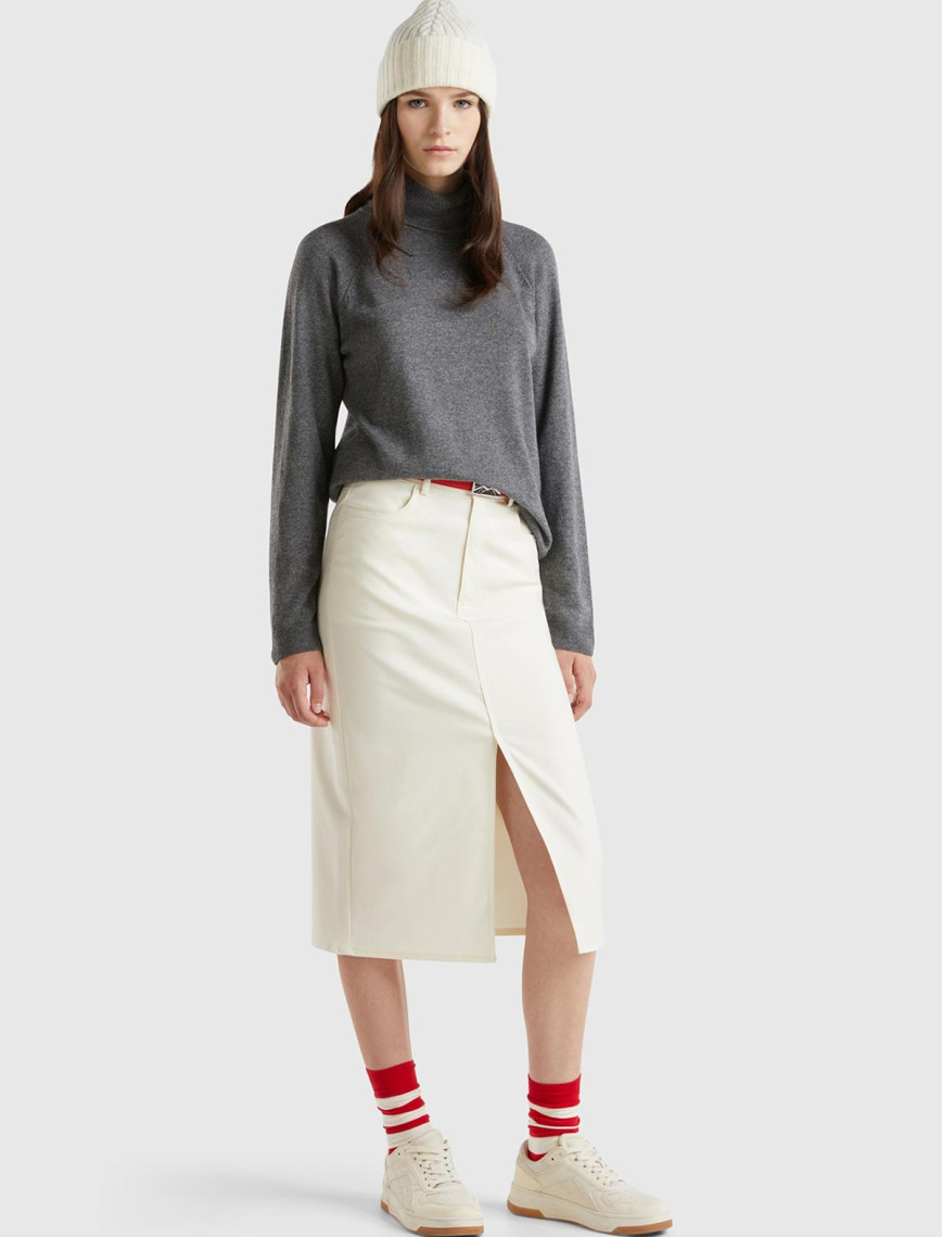 Kadın Krem Pamuk ve Viskoz Karışımlı Ortası Yırtmaçlı Midi Etek Kadın Krem Pamuk ve Viskoz Karışımlı Ortası Yırtmaçlı Midi Etek