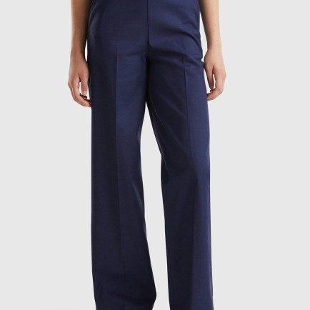 Kadın Lacivert Pamuk ve Viskoz Karışımlı Düğme Detaylı Geniş Paça Pantolon