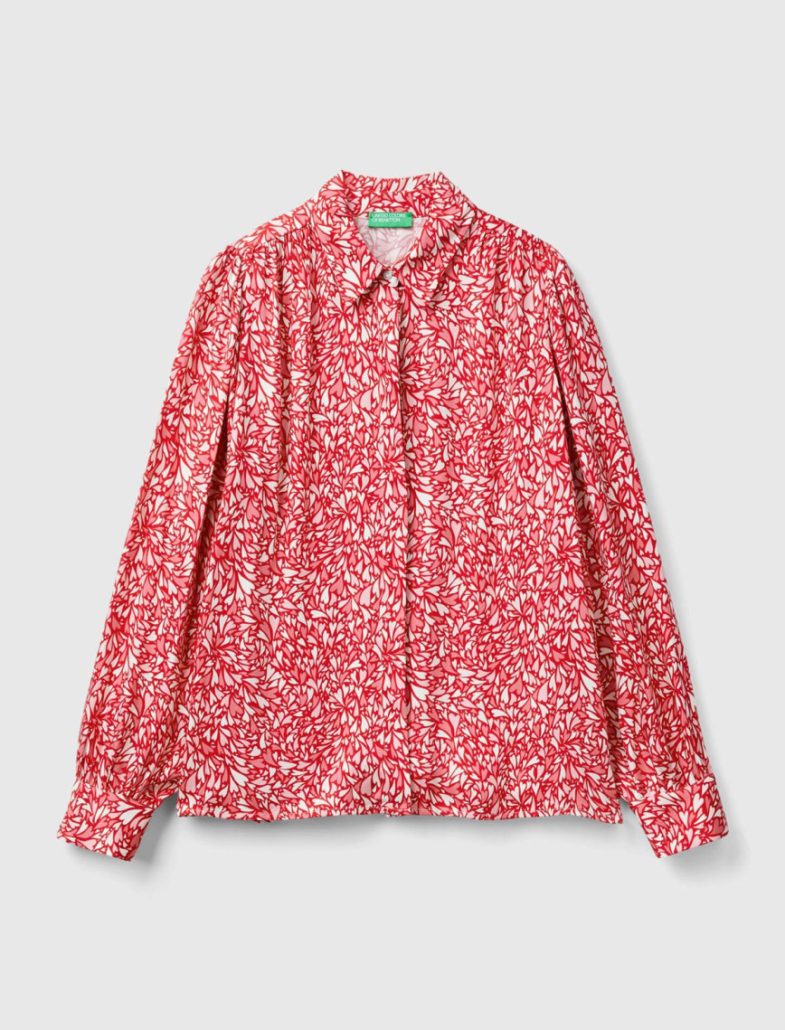 Kadın Kırmızı %100 Viskoz Omuz ve Bilek Detaylı Desenli Uzun Kollu Gömlek