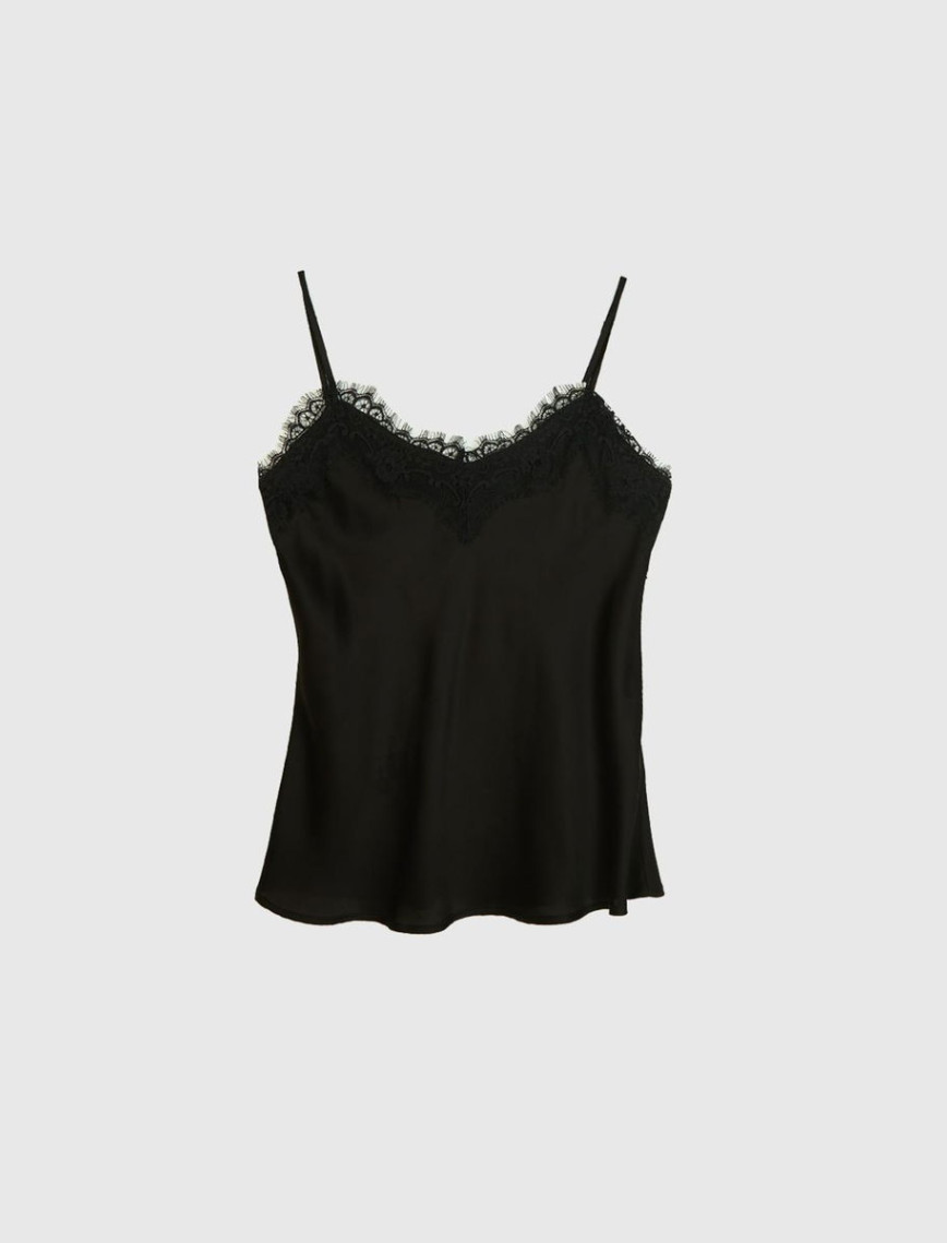 Kadın Siyah Viskoz ve Liyosel Karışımlı Yakası Dantel Detaylı Askılı Bluz Kadın Siyah Viskoz ve Liyosel Karışımlı Yakası Dantel Detaylı Askılı Bluz