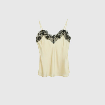 Kadın Krem Viskoz ve Liyosel Karışımlı Yakası Dantel Detaylı Askılı Bluz