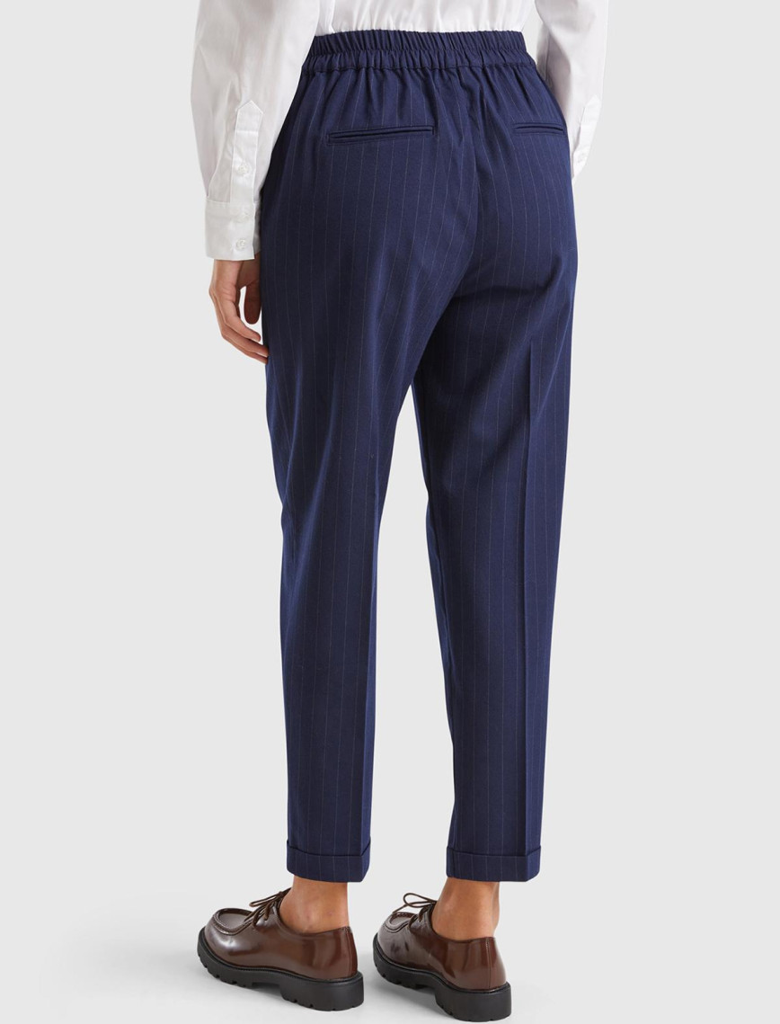 Kadın Lacivert Viskoz Karışımlı Beli Lastikli İnce Çizgili Jogger Pantolon Kadın Lacivert Viskoz Karışımlı Beli Lastikli İnce Çizgili Jogger Pantolon