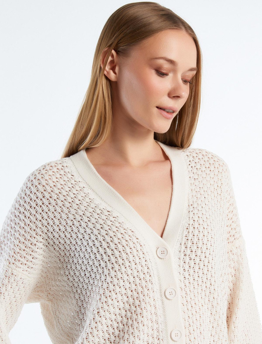 Kadın Krem %100 Pamuk Tamamı Desenli Önü Düğmeli Hırka Kadın Krem %100 Pamuk Tamamı Desenli Önü Düğmeli Hırka