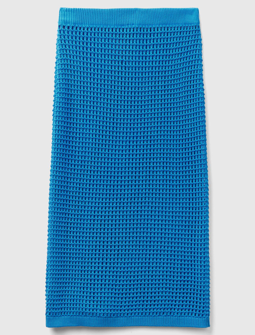 Kadın Mavi %100 Pamuk Örgü Motifli Diz Altı Etek