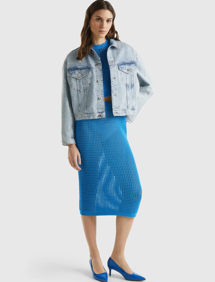 Kadın Mavi %100 Pamuk Örgü Motifli Diz Altı Etek