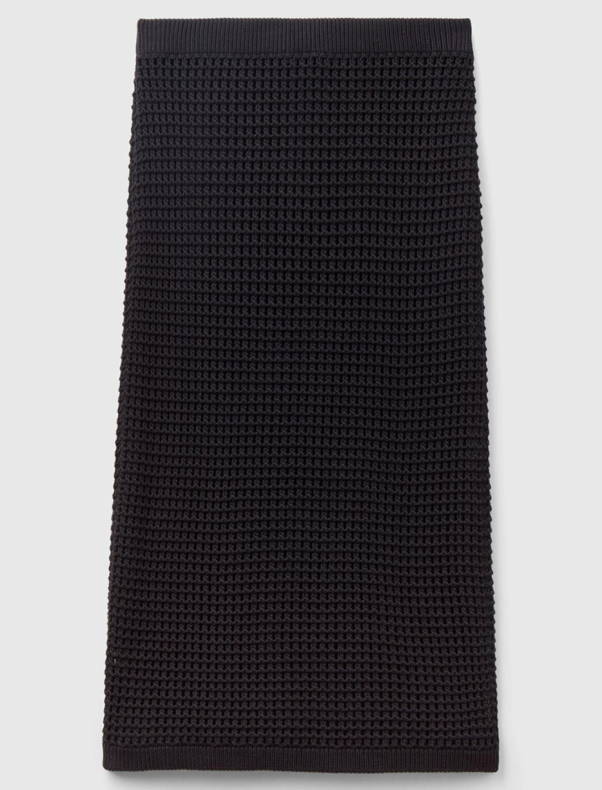 Kadın Siyah %100 Pamuk Örgü Motifli Diz Altı Etek