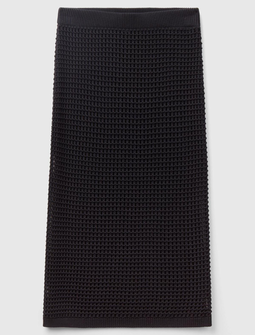 Kadın Siyah %100 Pamuk Örgü Motifli Diz Altı Etek