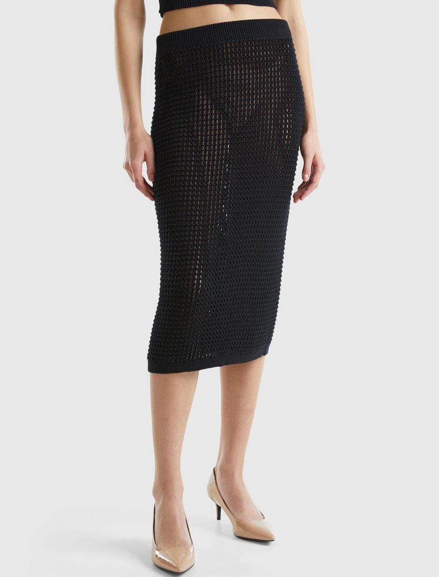 Kadın Mavi %100 Pamuk Örgü Motifli Diz Altı Etek