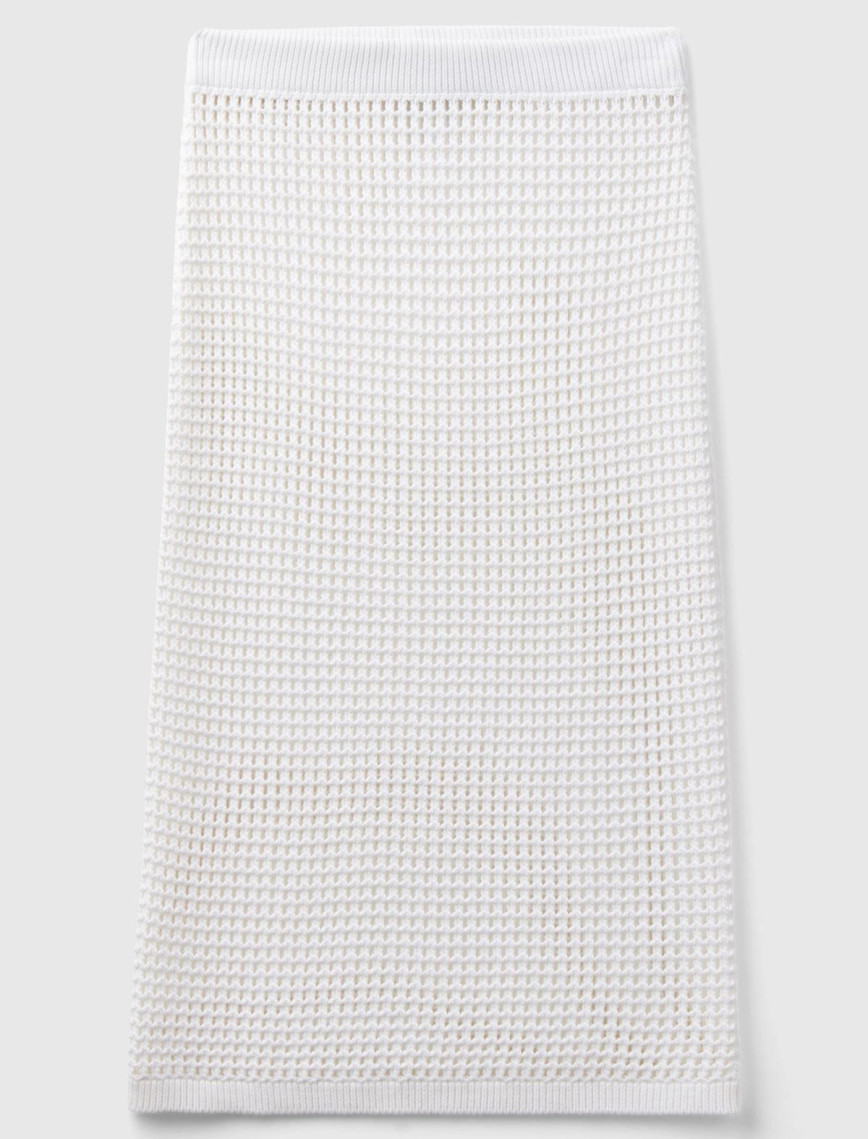 Kadın Beyaz %100 Pamuk Örgü Motifli Diz Altı Etek