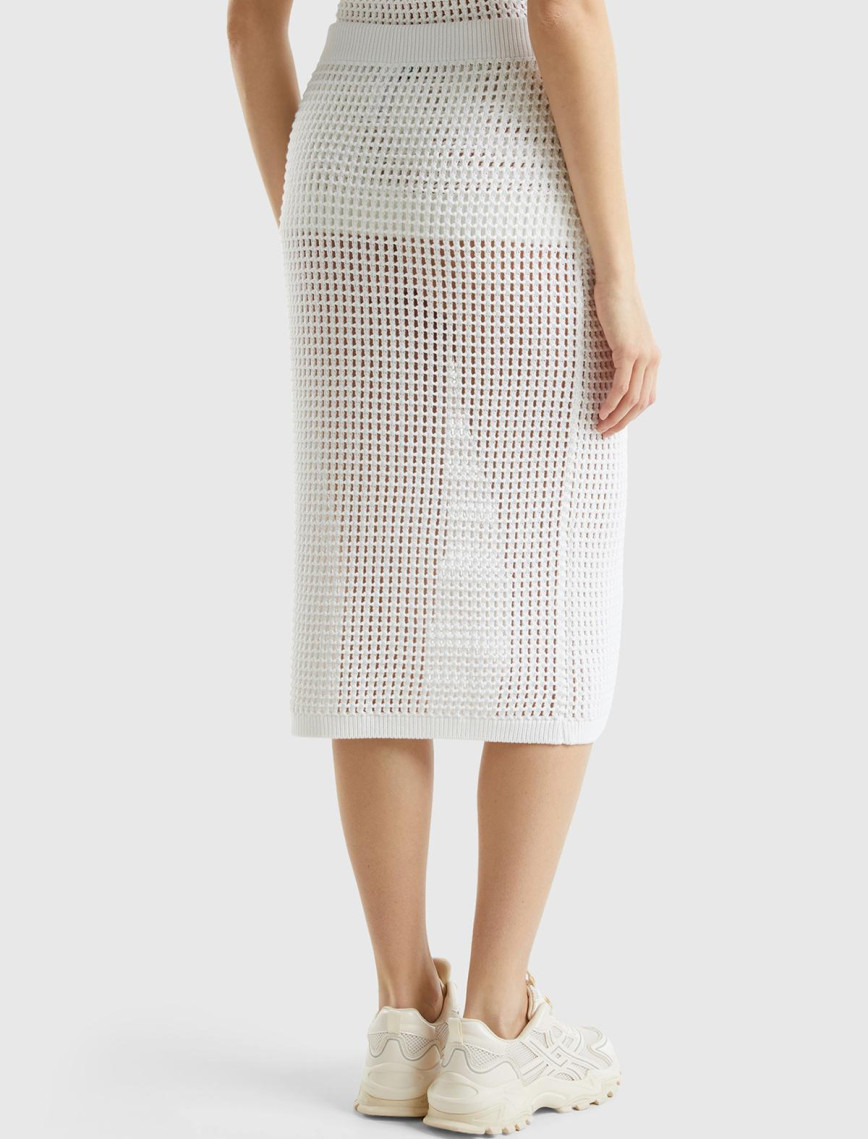 Kadın Beyaz %100 Pamuk Örgü Motifli Diz Altı Etek