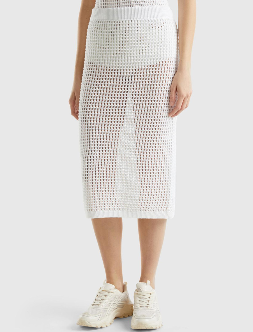 Kadın Mavi %100 Pamuk Örgü Motifli Diz Altı Etek