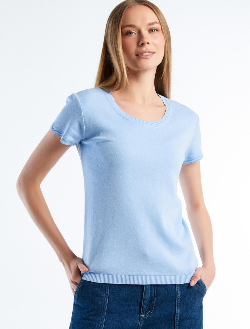 Kadın Açık Mavi %100 Koton Bisiklet Yaka Kısa Kollu Kazak Kadın Açık Mavi %100 Koton Bisiklet Yaka Kısa Kollu Kazak