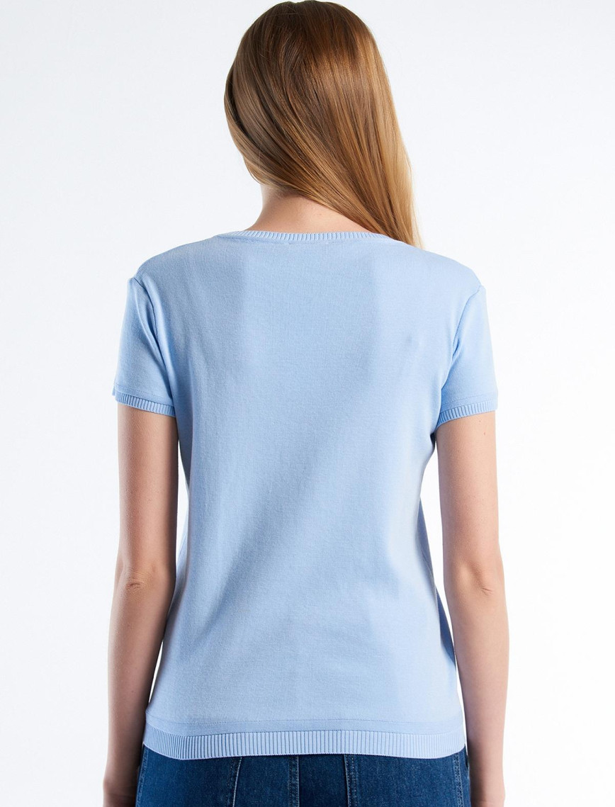 Kadın Açık Mavi %100 Koton Bisiklet Yaka Kısa Kollu Kazak Kadın Açık Mavi %100 Koton Bisiklet Yaka Kısa Kollu Kazak