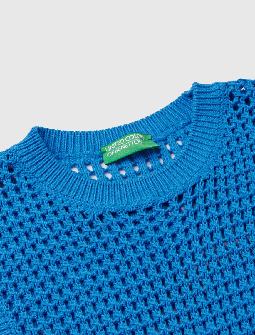 Kadın Mavi %100 Pamuk Örgü Motifli Kalın Askılı Süveter
