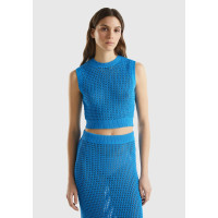 Kadın Mavi %100 Pamuk Örgü Motifli Kalın Askılı Süveter