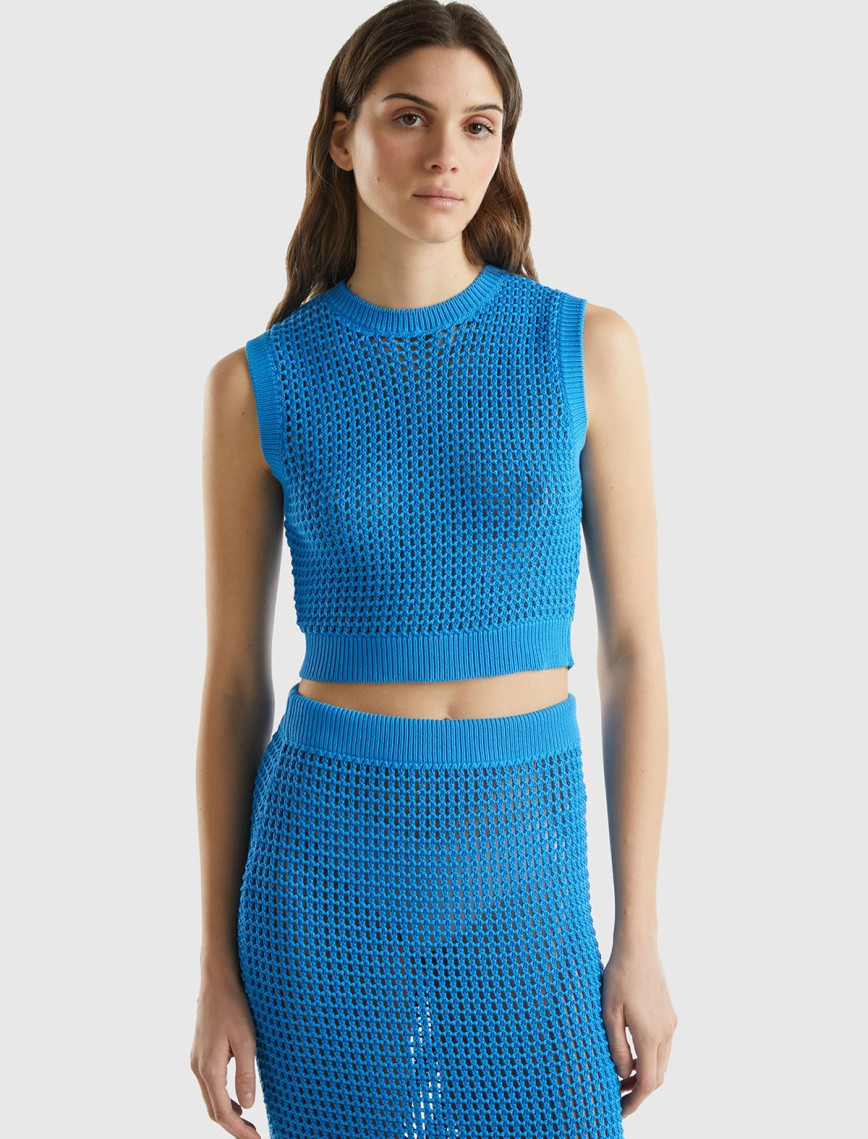 Kadın Mavi %100 Pamuk Örgü Motifli Kalın Askılı Süveter